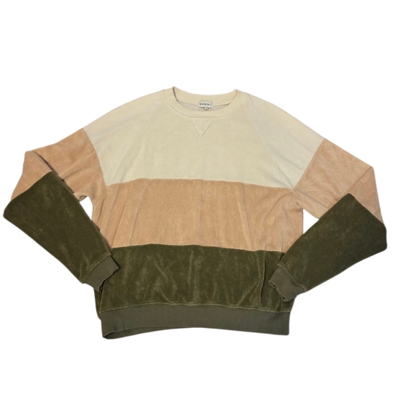 DONNI. Tri Terry Sweater Cream/Latte/Basil Women's XS Sweatshirt Color Block - Picture 3 of 9